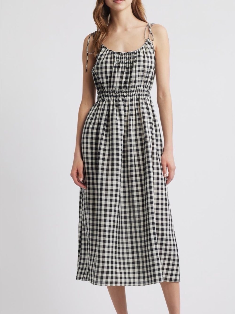 Doen Leslie Black & White Gingham Tie-Shoulder Midi Dress
